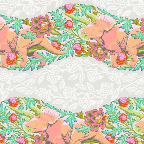 Tula Pink Blush Dinosaur patchworkstof 292 Beige patchworkstof med flotte blomstrende mønstre og dinosaurer