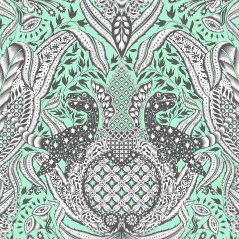 Tula Pink Gift Rapt Mint patchworkstof 281 Patchworkstof i grøn og sort hvid fra Tula Pink. Der er små dinosaurer på det fine stof