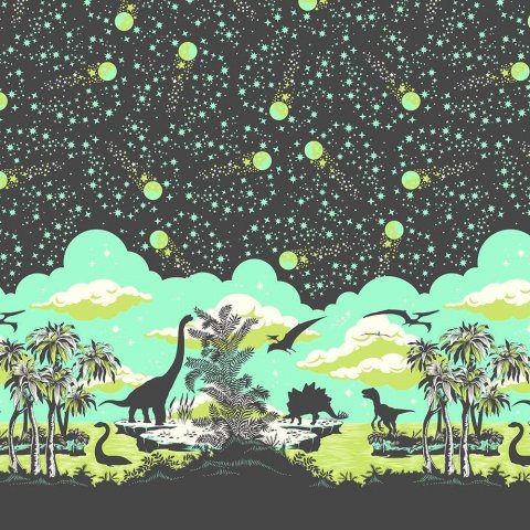 Tula Pink Meteor Storm patchworkstof 278 Tula Pink Meteor Storm patchworkstof med sort nattehimmel fyldt med grønne stjerne over et landskab med dinosaurer på