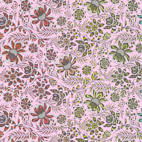 Tula Pink Blush Wild Vine patchworkstof 288 Lyserødt patchworkstof fra Tula Pink med blomstrende mønster i alle regnbuens farver