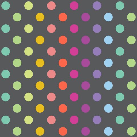 Tula Pink patchworkstof med farverige polkaprikker p� m�rkegr� baggrund