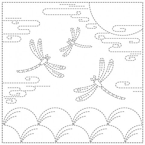 Sashiko sampler med flot brodering af guldsmede flyvende over runde blger