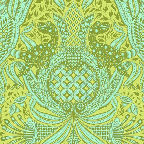 Tula Pink Lime patchworkstof 295 Lime farvet patchworkstof med dinosaurer fra amerikanske Tula Pink