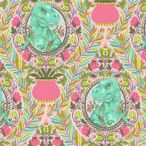 Tula Pink Blush Tree Rex patchworkstof 289 Farverigt patchworkstof fra Tula Pink med dinosaurer og flotte blomstermønstre