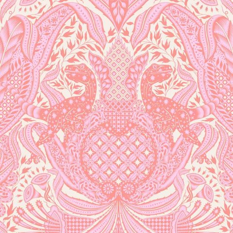 Tula Pink Blush Gift Rapt patchworkstof 290 Lyserødt patchworkstof fra Tula Pink med dinosaurer i et blomstrende mønster