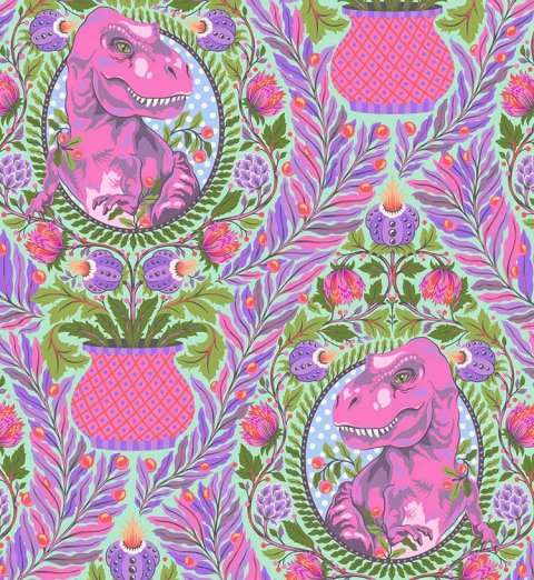 Tula Pink Mist Tree Rex patchworkstof 282 Lyserødt og grønt patchworkstof fra Tula Pink med Tyrannosaurus Rex dinosaurer i små portrætcirkler
