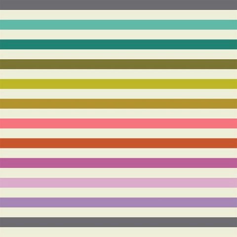 Tula Pink Tabby Road Deja Vu Disco Stripe patchworkstof 303 Stribet patchworkstof i alle regnbuens farver med baggrundsfarven beige