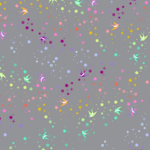 Tula Pink patchworkstof med glimmer og fest�v i alle regnbuens farver p� gr� baggrund