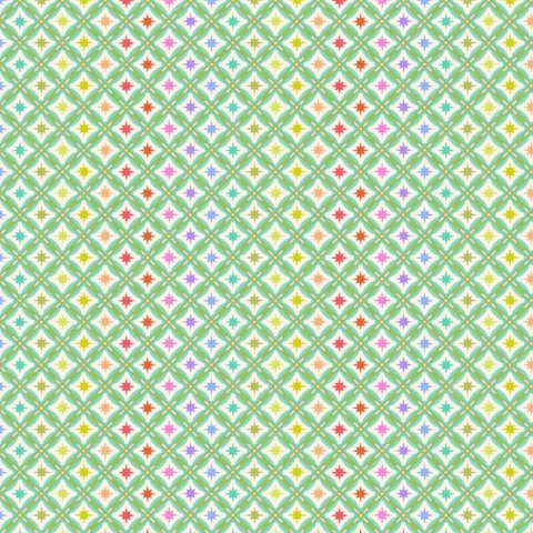 Tula Pink Mint Stargazer patchworkstof 296 Grønt patchworkstof fra Tula Pink med et grønt ternet mønster over en baggrund med regnbuens farver