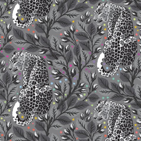 Tula Pink patchworkstof med m�rkegr�t tema og en leopard med hjerter og stjerner
