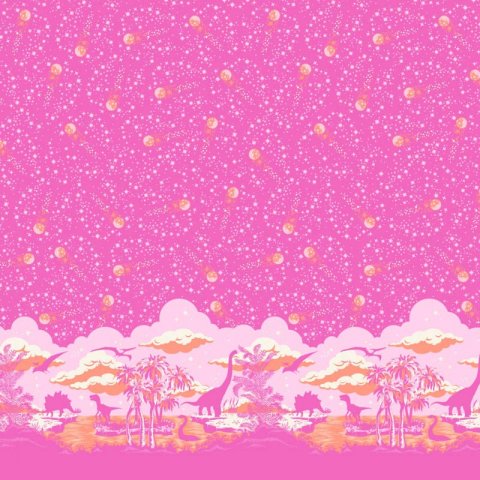 Tula Pink Meteor Shower Blush patchworkstof 287 Lyserødt patchworkstof fra Tula Pink med silhouetter af dinosaurer af flere slags